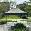 Camouflage tent with black and gold steel frame