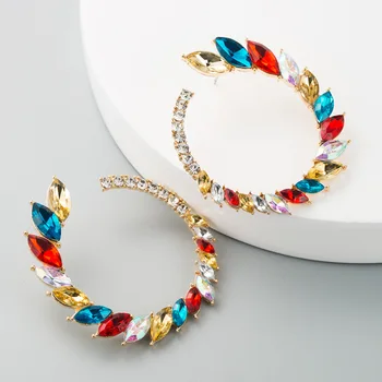 Retro-set colorful rhinestones exaggerated large circle luxurious super-flash C-shaped earrings