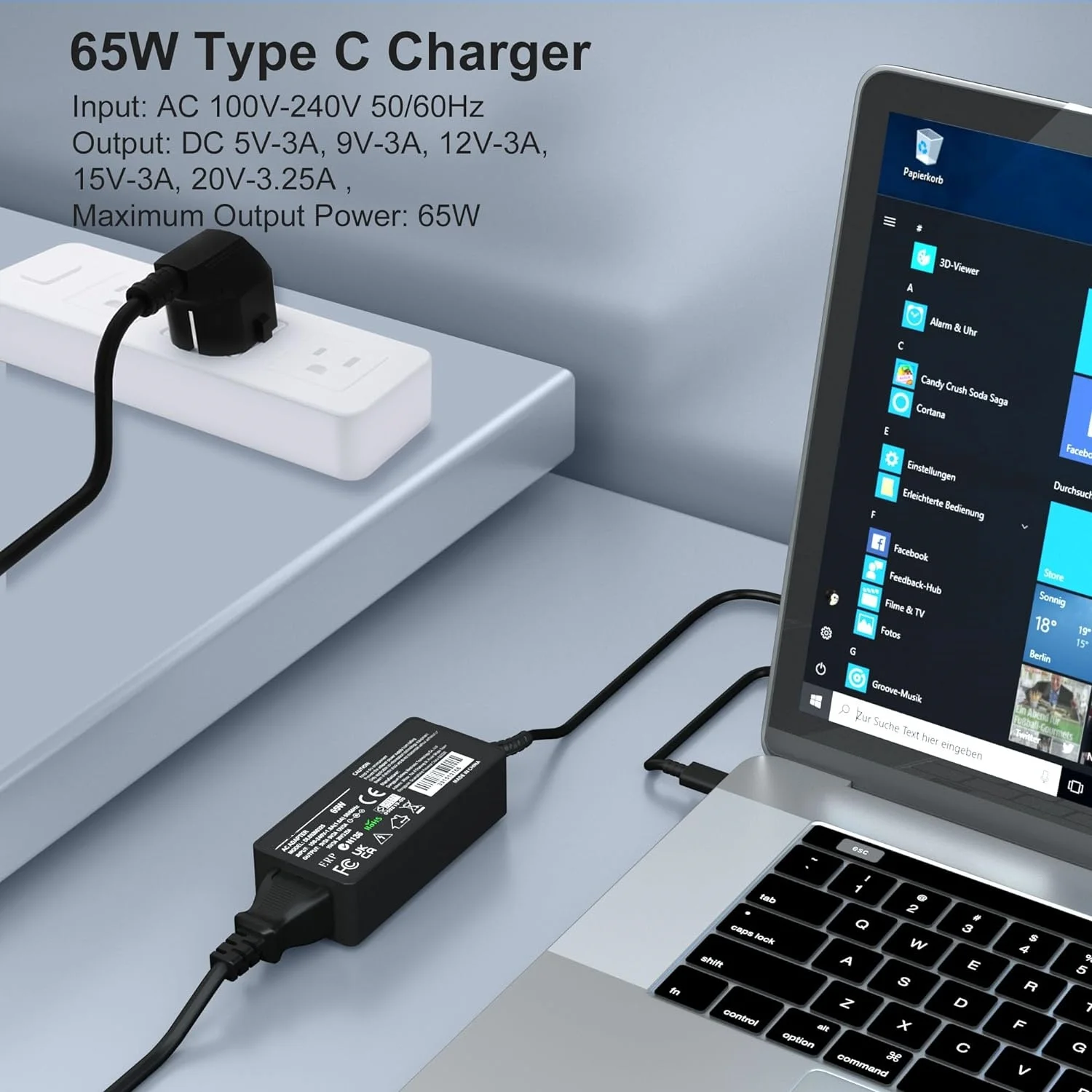 65W USB C Power Adapter for Lenovo Thinkpad Yoga ADLX65YDC2A Dell HP Elitebook Spectre Chromebook 65 W USB C Laptop Charger