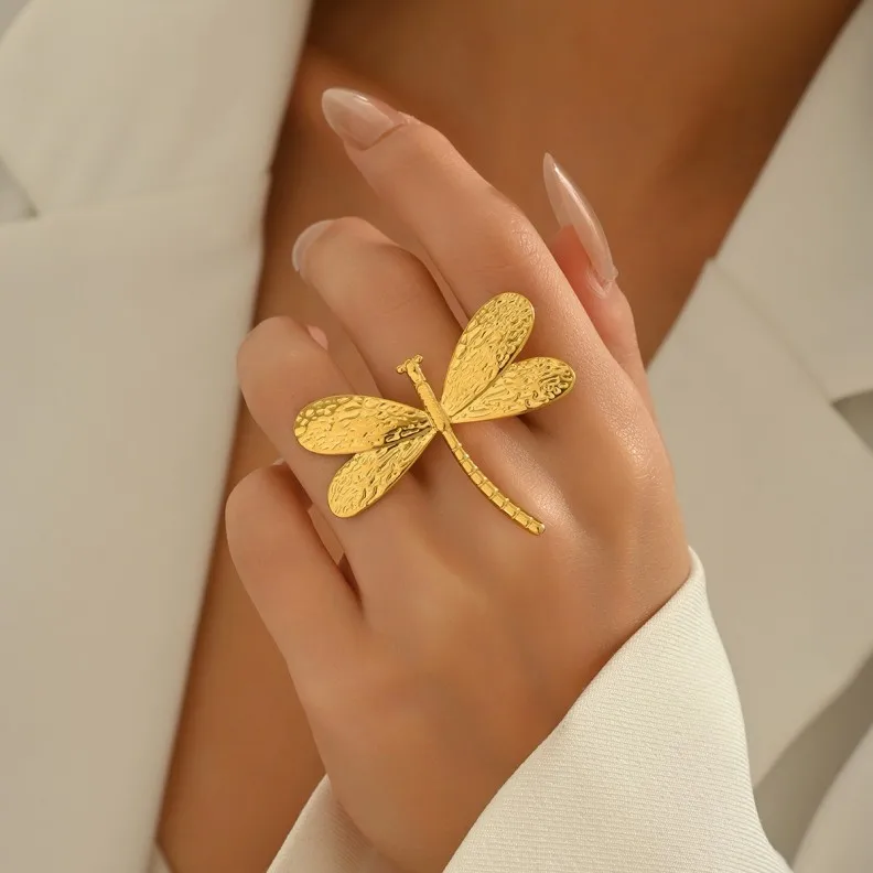 New Simple Personalized Fine Jewelry Accessories Rings Lady's Geometric Dragonfly Design 18k Gold Ring Opening Ring
