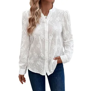 Ladies' long-sleeved casual office cardigan, lace jacquard shirt, elegant and dignified women's shirt