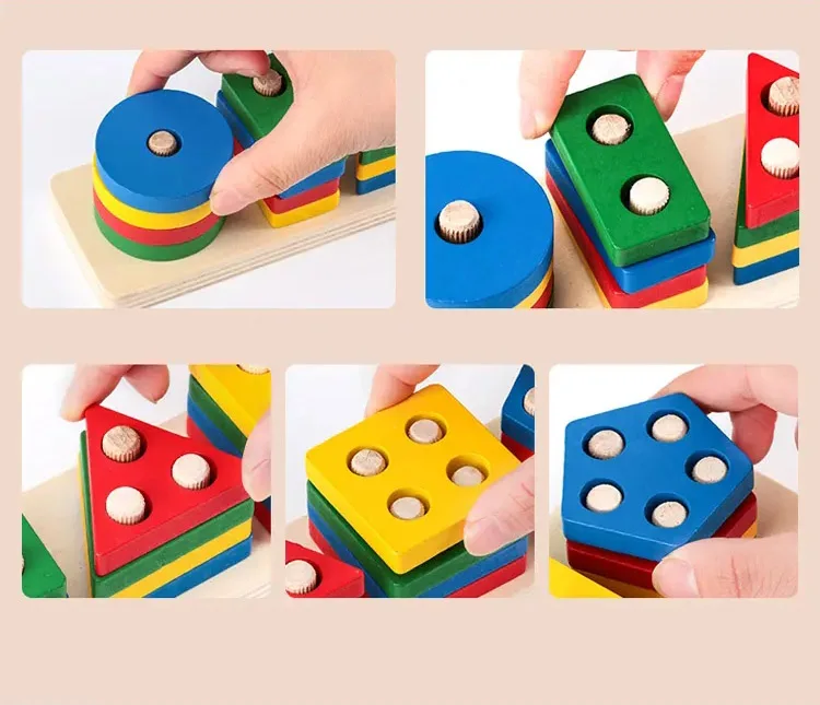 Wooden Sorting & Stacking Puzzle Toy With Colorful Wood Geometric