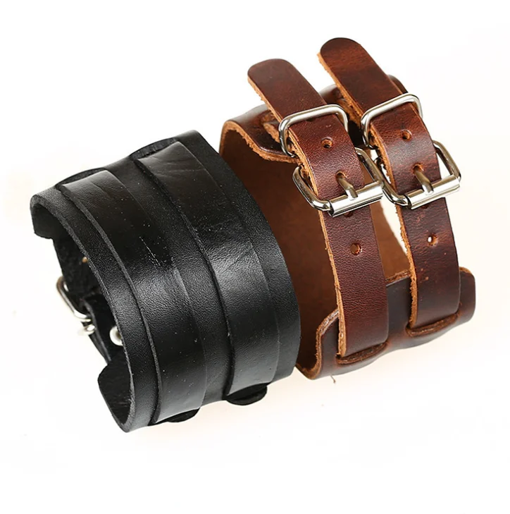 Punk Double Buckles Belt  Leather Bracelet Cuff Wristband for Women Men