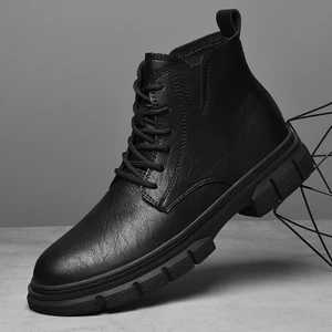 Solid Color Genuine Leather British Style Anti-slippery Men's Martin Boots Lace-up Waterproof Shiny Surface Durable Work Shoes