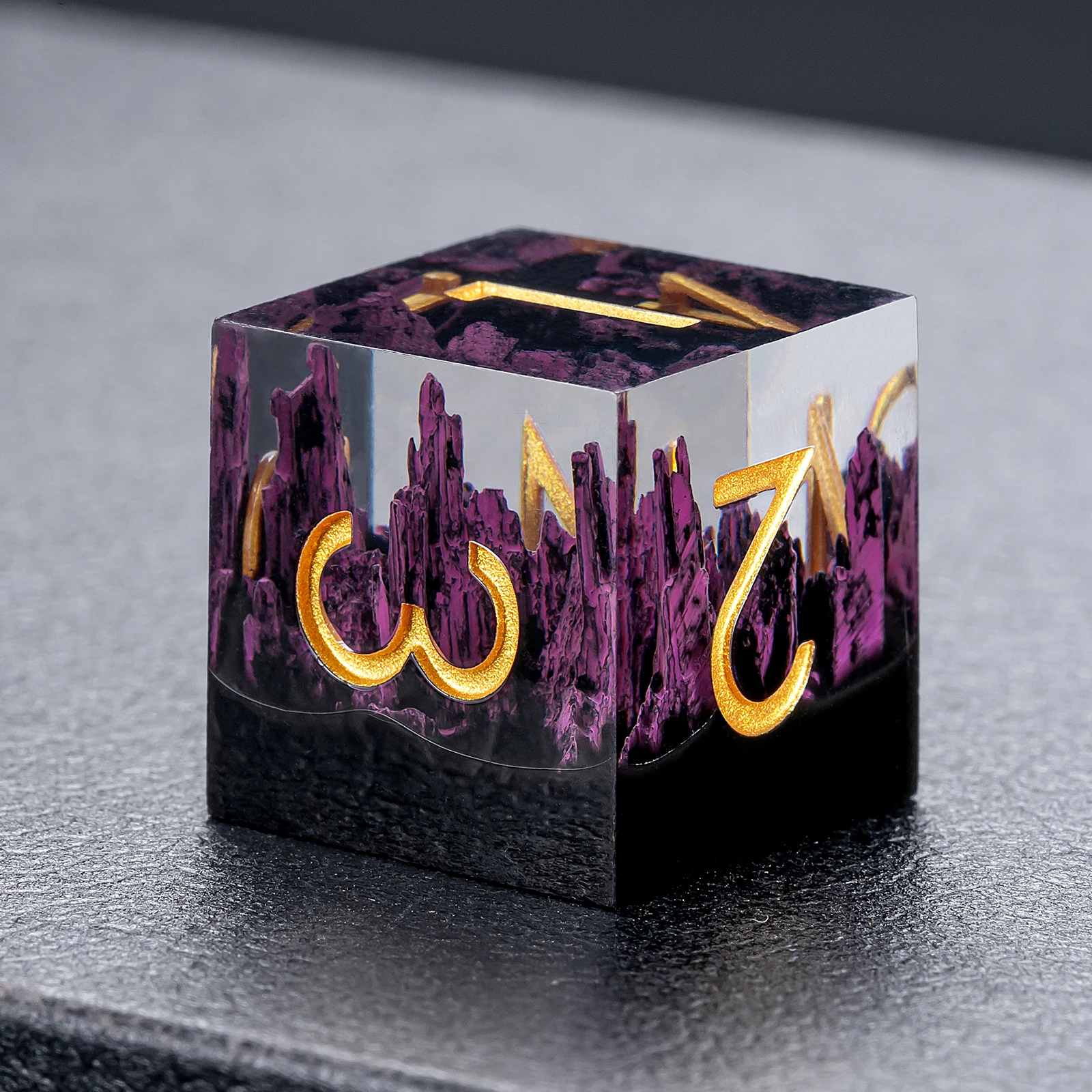 Wholesale Purple Clear Resin Sharp Edge Dice Set Custom Polyhedral Shape for Dnd Role-Playing Game with Mountain Design details