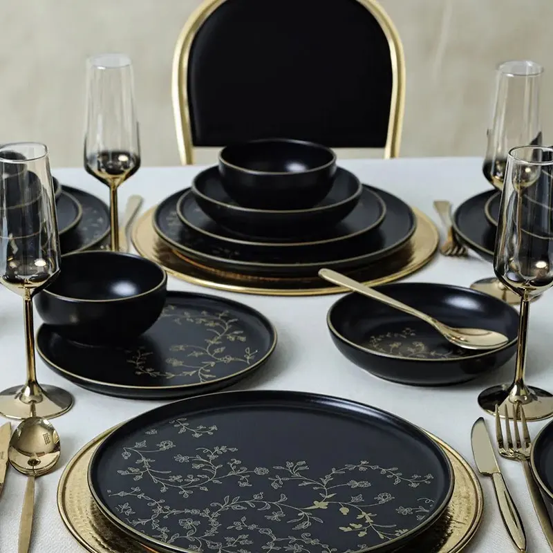 Nordic Modern Porcelain Crockery Dinnerware Wholesale Marble Stoneware  Luxury Matte Black Ceramic Dinner Set