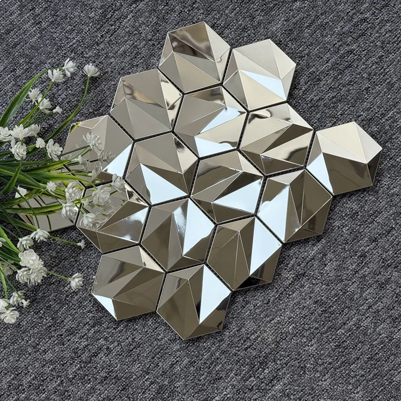 Hexagonal Metal Mosaic 3D Stereo Beveled Glass Tile for KTV Interior Background Wall Decoration Graphic Design Capability