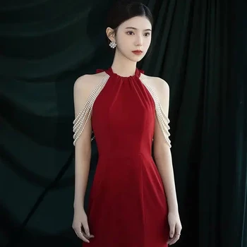 2024 Vintage Red Long Dress Slim Fit Fishtail Skirt Sexy Style Backless Halterneck Evening Dress