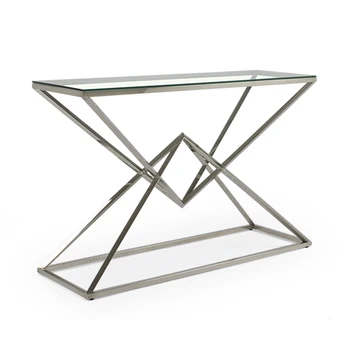 Living room decoration unique style luxury mirrored glass top modern silver stainless steel metal stand console table furniture