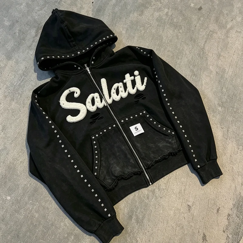 Men's Zip-Up French Terry Hoodie, Acid Washed Distressed Rhinestone Patch Embroidery, US Tax-Free Streetwear gallery 4