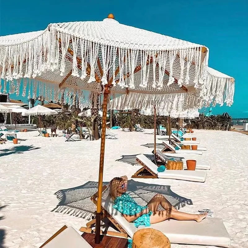 Luxury 2.5M Wooden Pole Macrame Ropes Open Parasol Sun Protection Garden Patio Umbrella with Modern Design for Hotels Parks