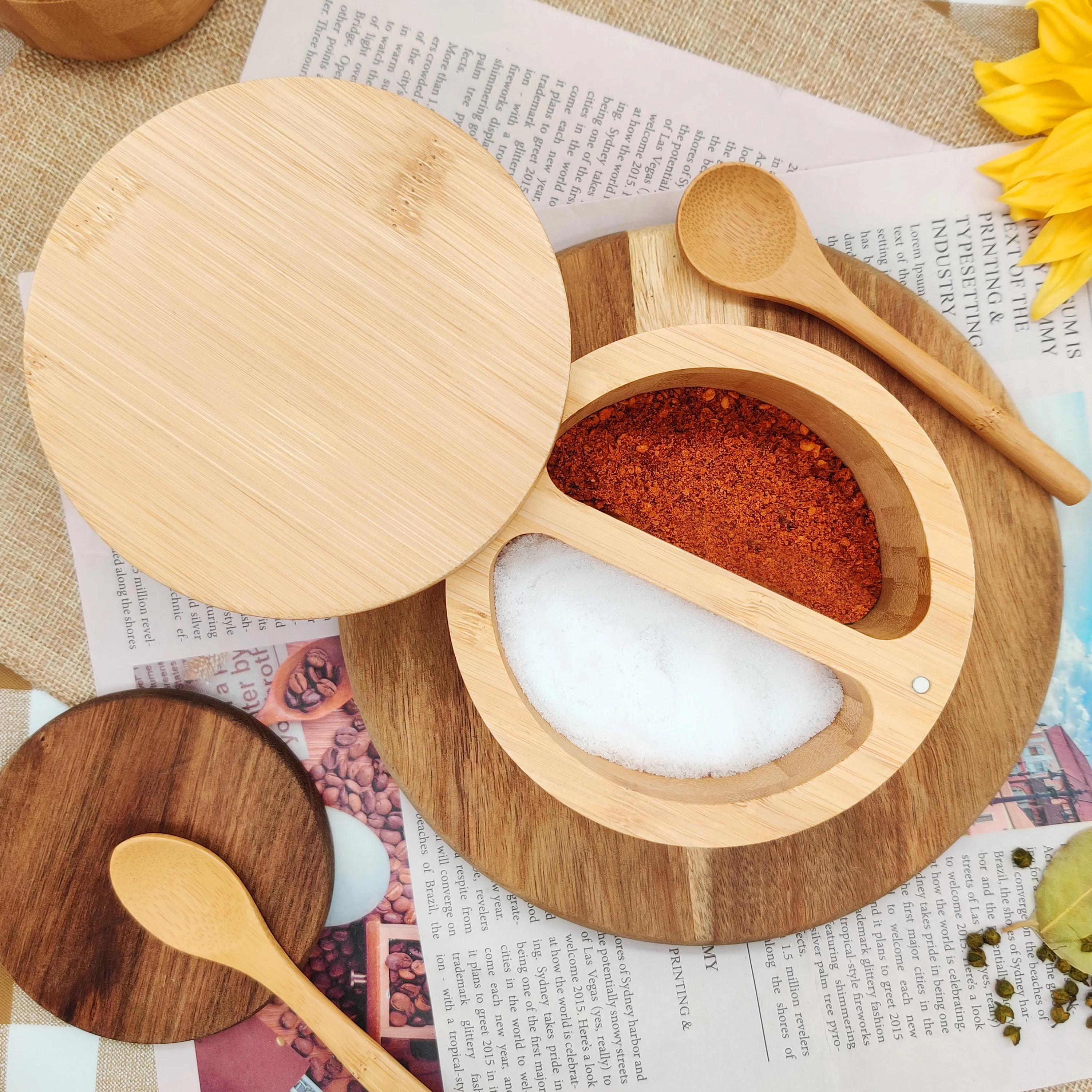 Wholesale Custom Logo Spices Storage Container Wooden Condiment Pot Bamboo Salt Box With Swivel Lid