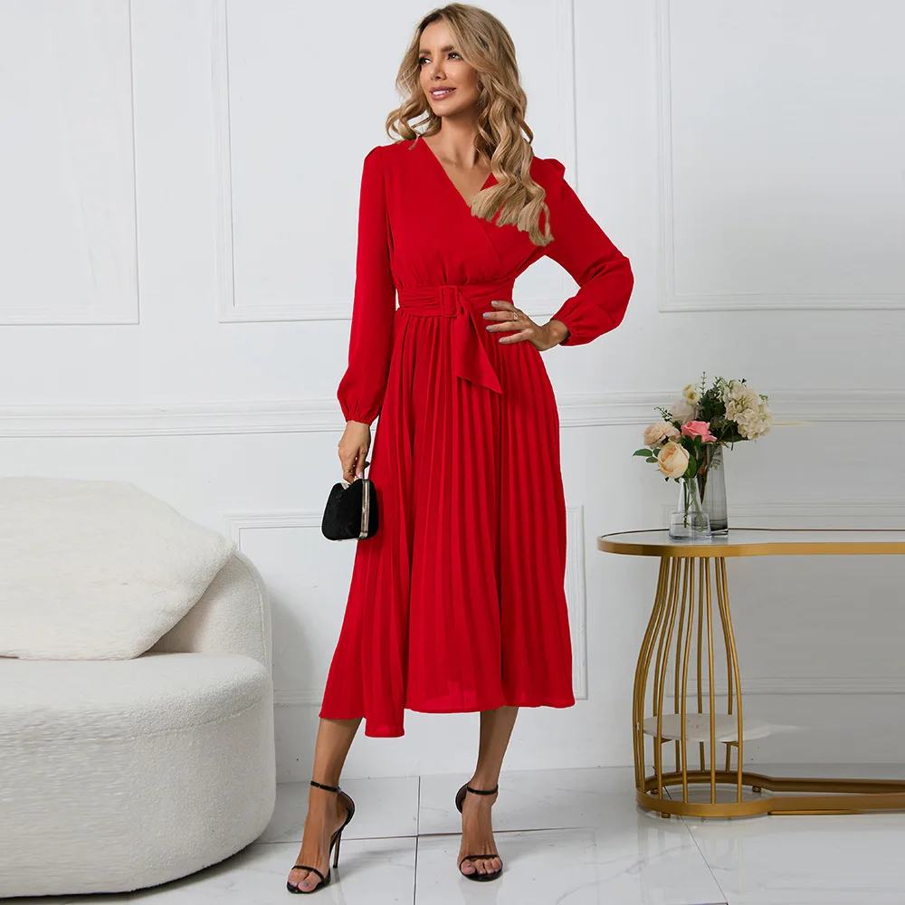 Alibaba.com: Temu Women Long-sleeved Maxi Dress, Slim-fit Design with Pleated Belt, V-neck A-line Skirt for Summer Alibaba.com: Temu Women Long-sleeved Maxi Dress, Slim-fit Design with Pleated Belt, V-neck A-line Skirt for Summer