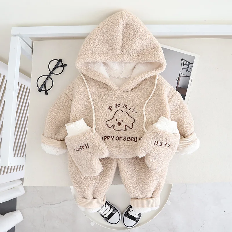 Factory Price Winter Plush Kids Clothes Sets Casual Hooded Top and Pants 2 Pieces Warm Boys Clothes Sets With Glove
