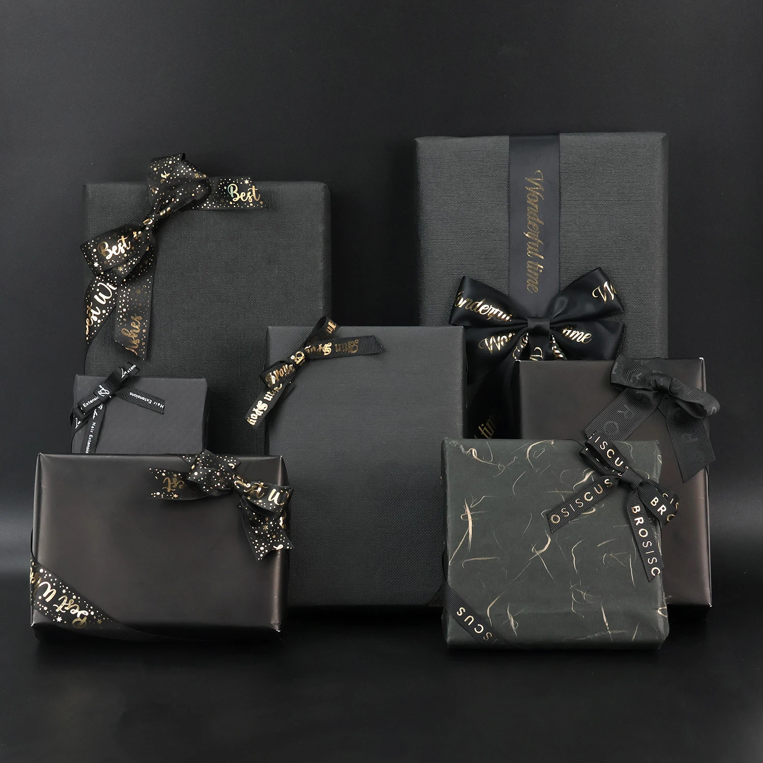 High Quality Custom Printed Box Decoration Pre-tied Elastic Satin Black Ribbon Bow With Logo for Gift Box