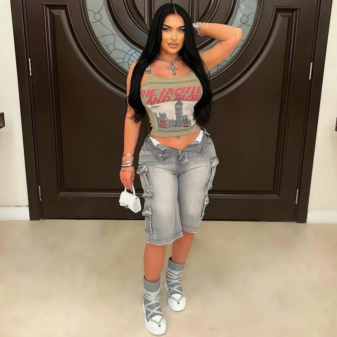 Cross-border New for European American Women's Fashion High Multi-pocket Washed Cropped Denim Cargo Pants Quick Dry Slimming