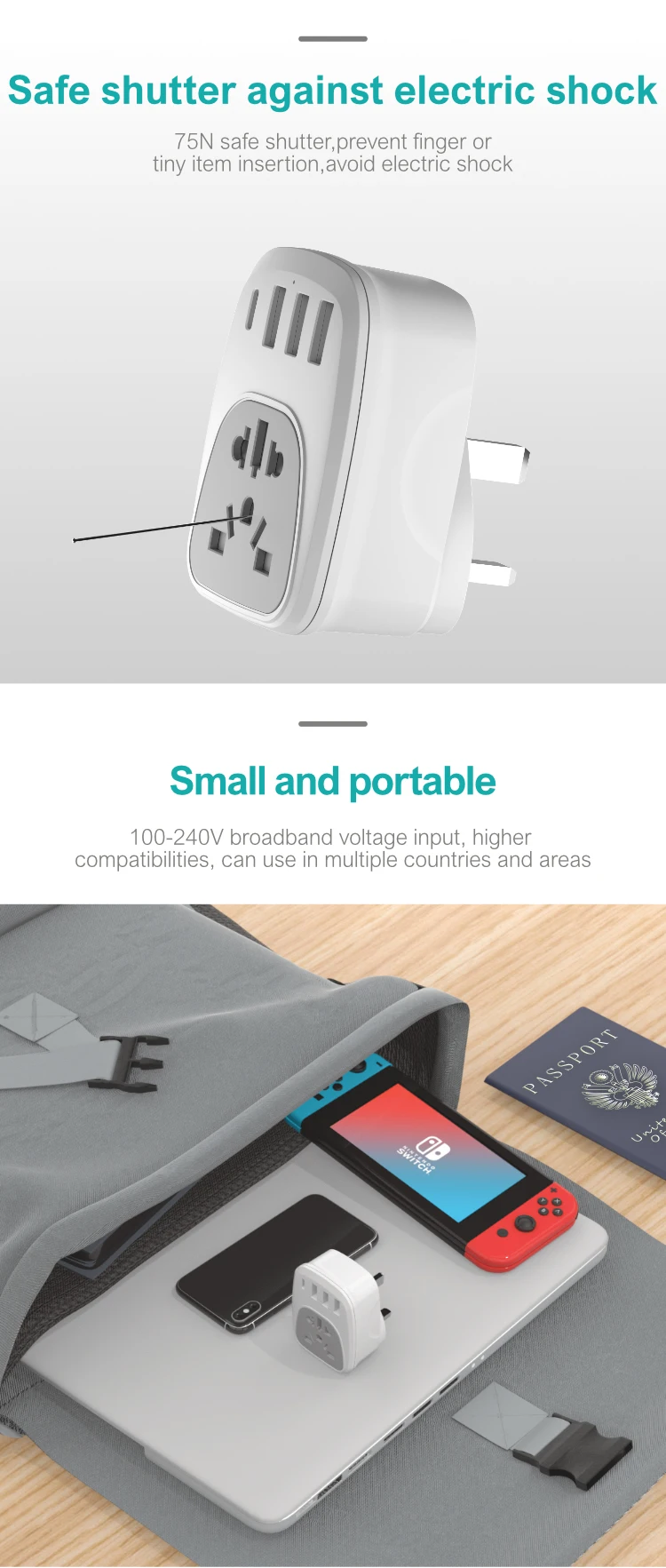Wontravel Germany France Travel Adaptor Grounded 4 in 1 Euro Power Plug European Plug Adapter with 3 USB Outlet