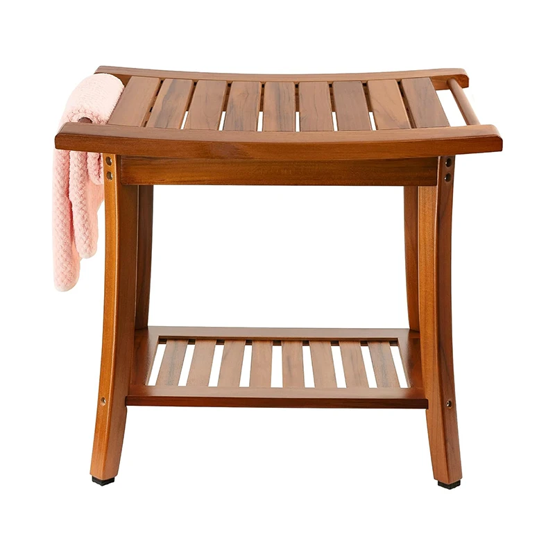 Heavy-Duty Waterproof Wooden Bathroom Shower Stool Teak Shower Bench Seat with Storage Towel Shelf for Indoor and Outdoor Use