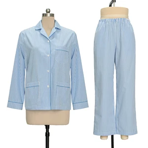 2 Pieces Striped Women's Pajamas 100% Cotton Sleepwear Lounge Wear Sets Custom Ladies Loungewear Pjs