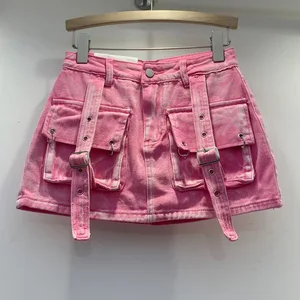 JY  Spring New 2024 Sexy Women's Denim Skirt Pocket Lace up A-line Cargo Skirt Plus Size Denim Skirt Jeans for Lady Women