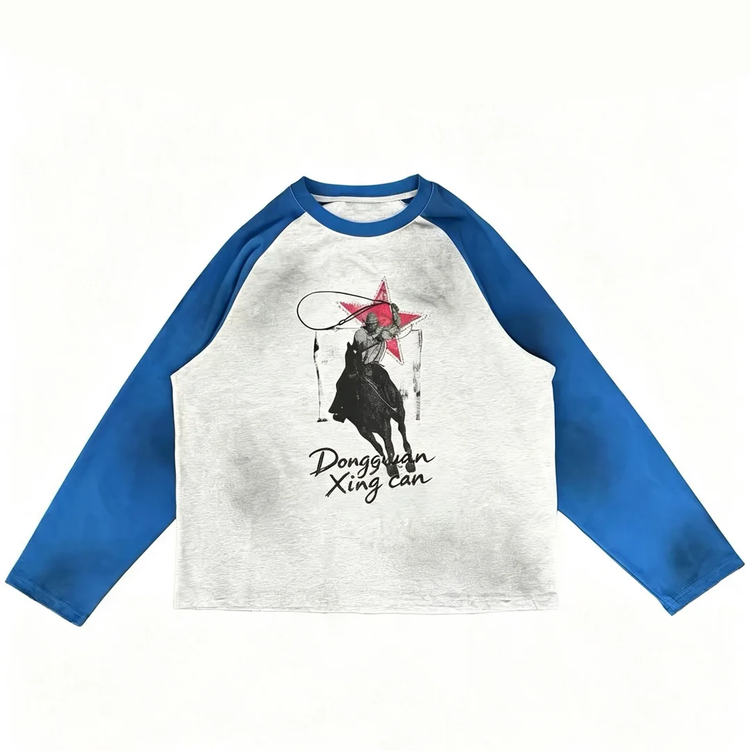 Aangepas mans 100% katoen vintage langmou-crewneck borsie, swaar gewig DTG-druk, oorverdruk, plus grootte, ODM groothandel, 300 gram
