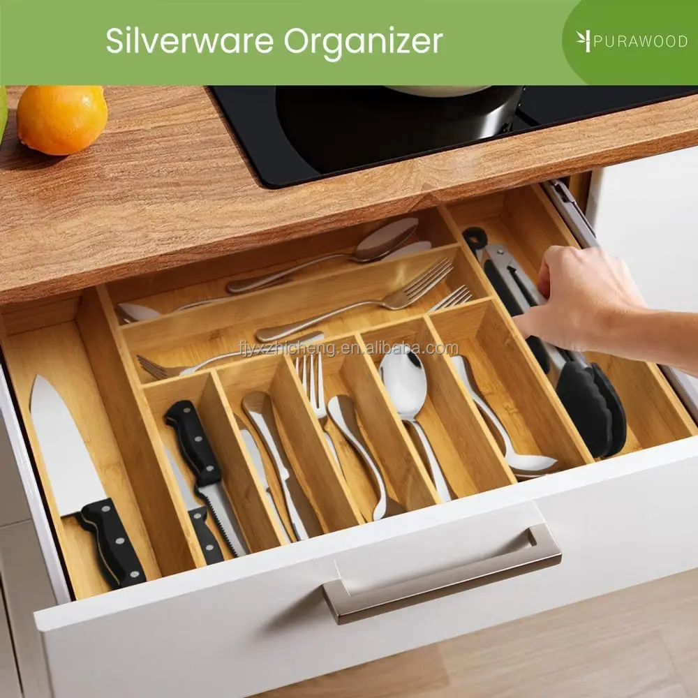 product premium 2 pack bamboo drawer organizer expandable silverware utensil tray dividers 7 9 slots kitchen organizer for flatware-2