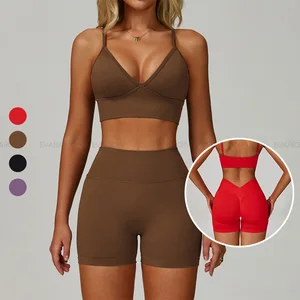 V Neck Sport Bra Gym Fitness Clothing Yoga Outfits Active Wear 2 Pieces Seamless Shorts Running Workout Sets for Women