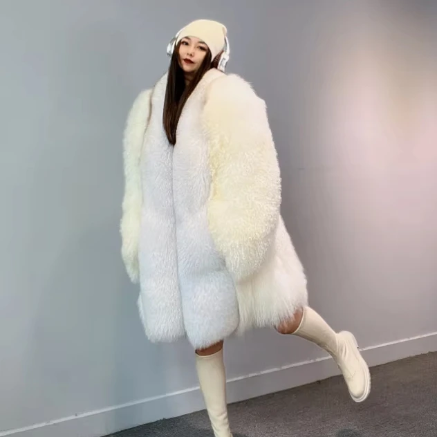 Wholesale Women Pink Real Mongolian Fur Coat Winter Fashion