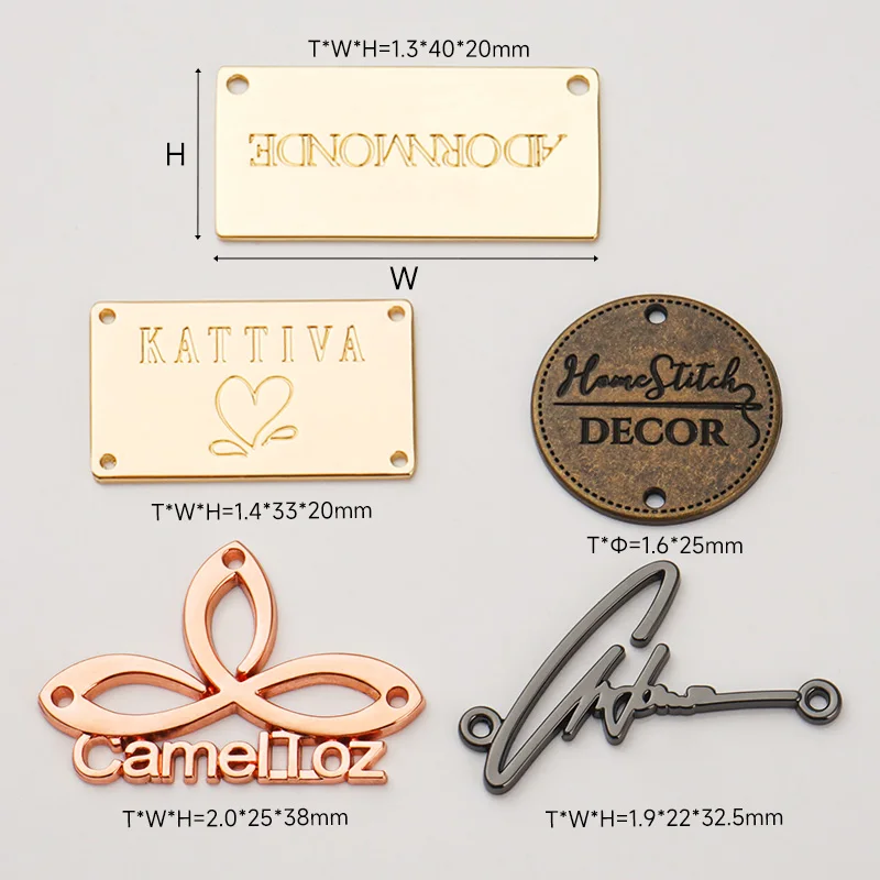 Design Brand Logo Engraved Metal Label Tag Gold Bag Garment Sewing Hole Logo Metal Clothing Label Custom Metal Tags for Swimwear