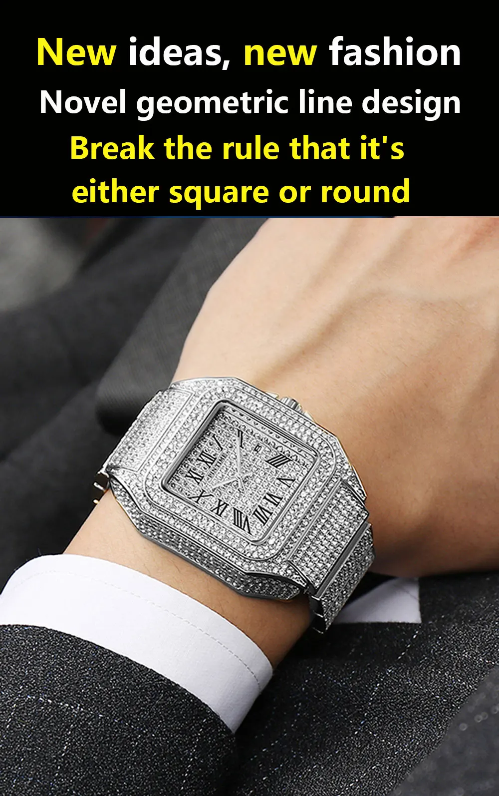 Luxury Rhinestone Unique Quartz Watch Mens Classic Golden Square Case Full Diamond Creative Fashion Waterproof Watch AAA Clock