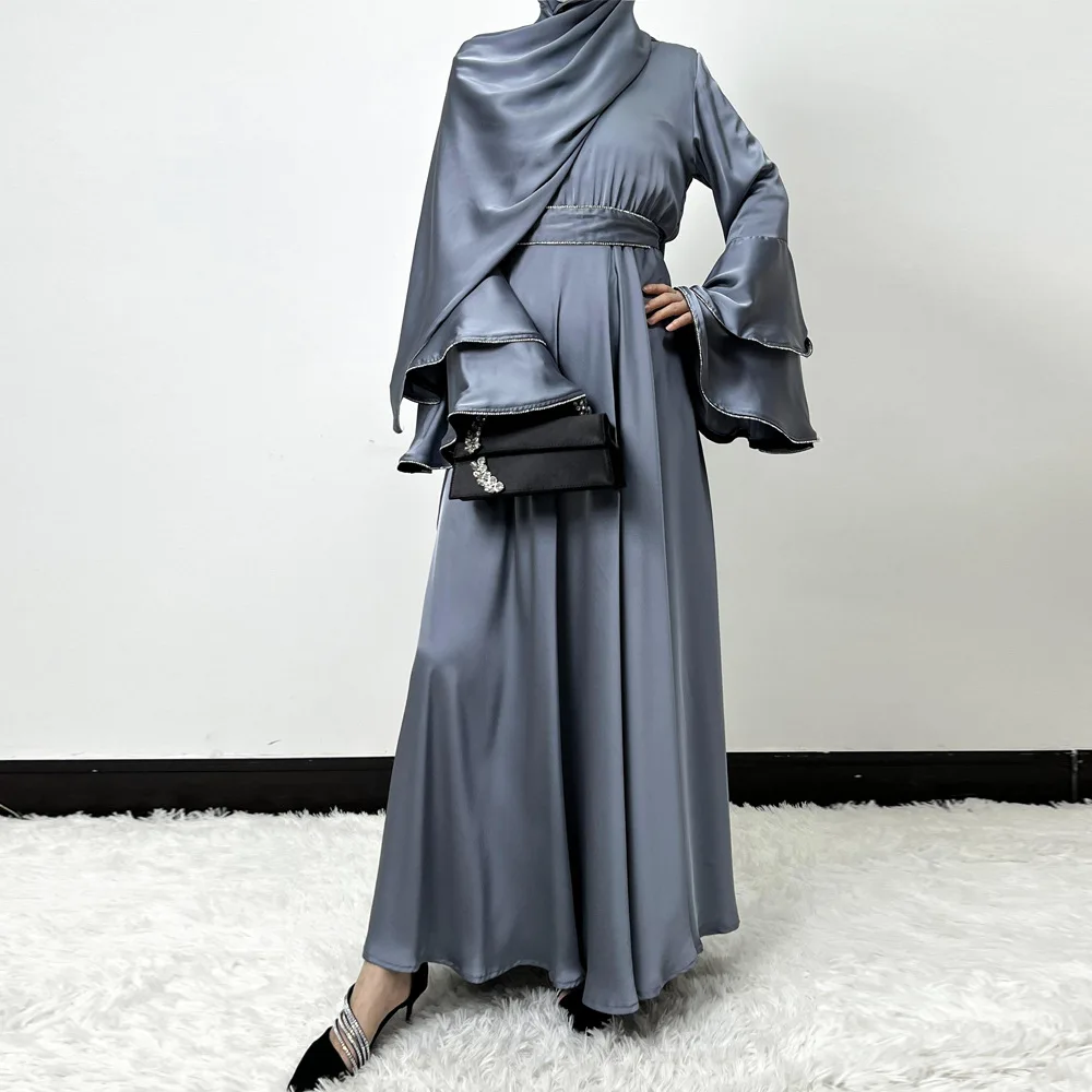 2025 New Arrival Muslim Women Dress Solid Color Ruffle Sleeves Elegant Muslim Long Dress Dubai Muslim Dress With Matching Hijab 2025 New Arrival Muslim Women Dress Solid Color Ruffle Sleeves Elegant Muslim Long Dress Dubai Muslim Dress With Matching Hijab