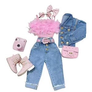 Autumn Baby Clothes Halter T Shirt Denim Pants 2PCS Outfit Fashion Girls Clothing Set