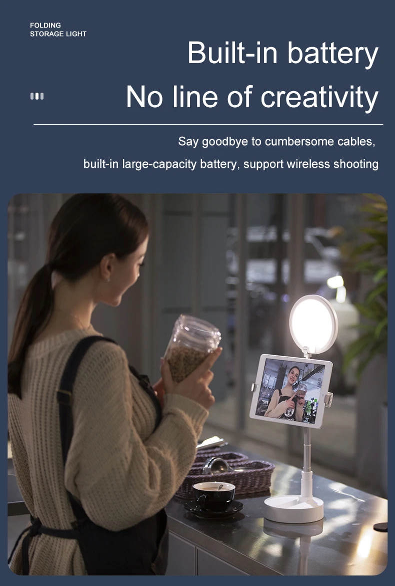 Live Video Recording LED Ring Light Adjustable Phone Stand Selfie Fill Light Foldable Desktop Lamps 3600mAh Battery