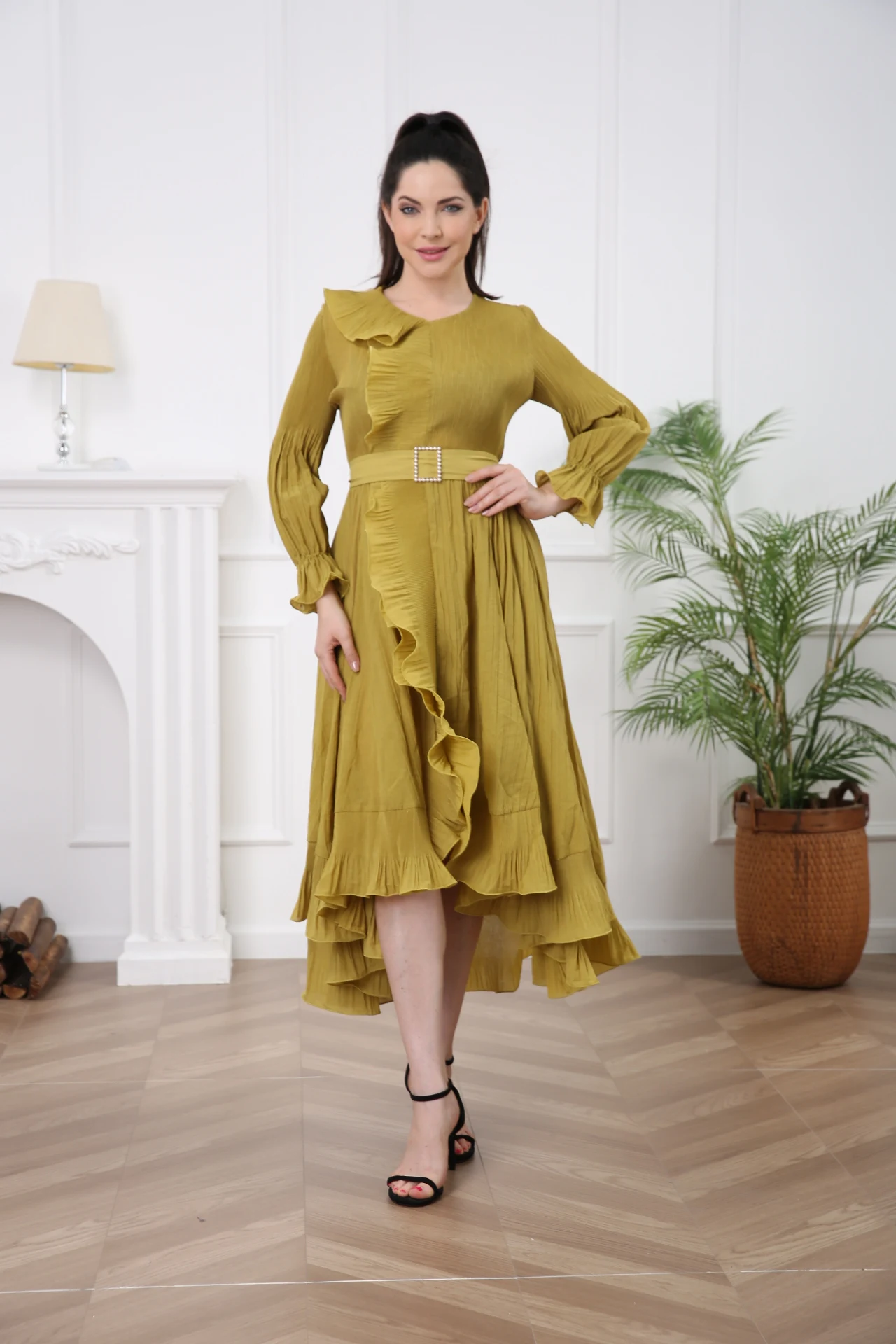 green emerald velvet dress Unique V Neck Yellow Prom Dress with Sweep Train, Yellow Formal Dress, –  jbydress main image 0