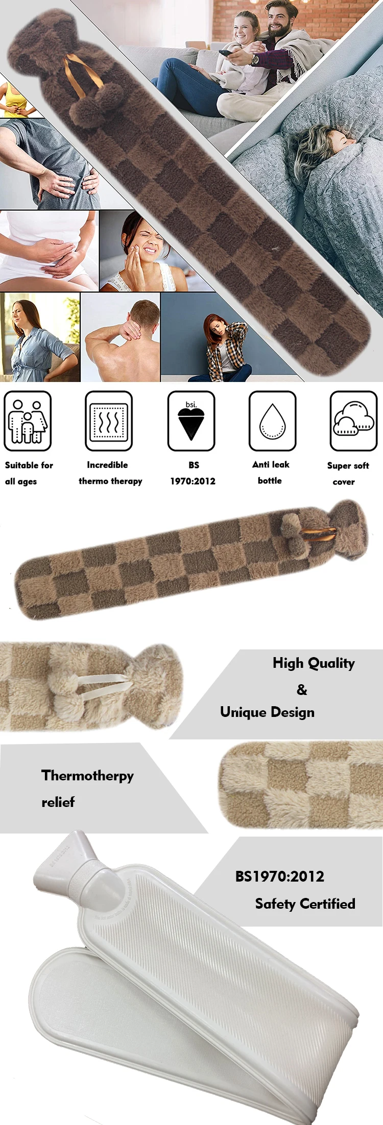 2024 new design body warmer hot water bottle long neck 2000ml plush extra long hot water bag cover