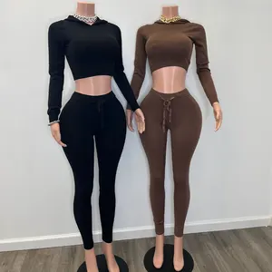 Huili Manufacturer Knitted Hooded Crop Top & Leggings Two Piece Sweater Set Custom Logo Women's Sports Loungewear Sets for Women