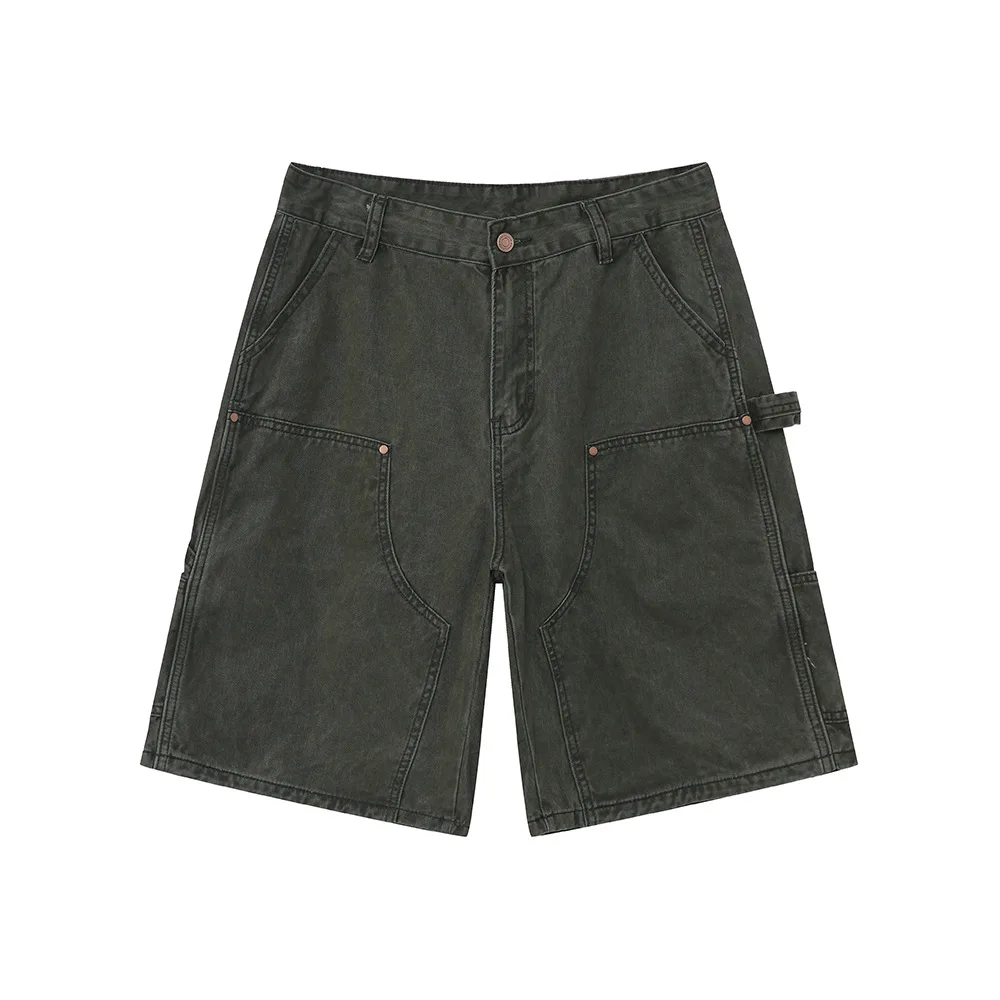 Jeans da uomo estivi corti verdi dritti larghi gamba larga lavato da lavoro stile carpentiere pantaloncini cargo in denim larghi da uomo_voghion.com