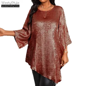 2026 European American Casual Chiffon Top Plus Size Women Autumn Party Full Sleeve Button Solid O-Neck Loose