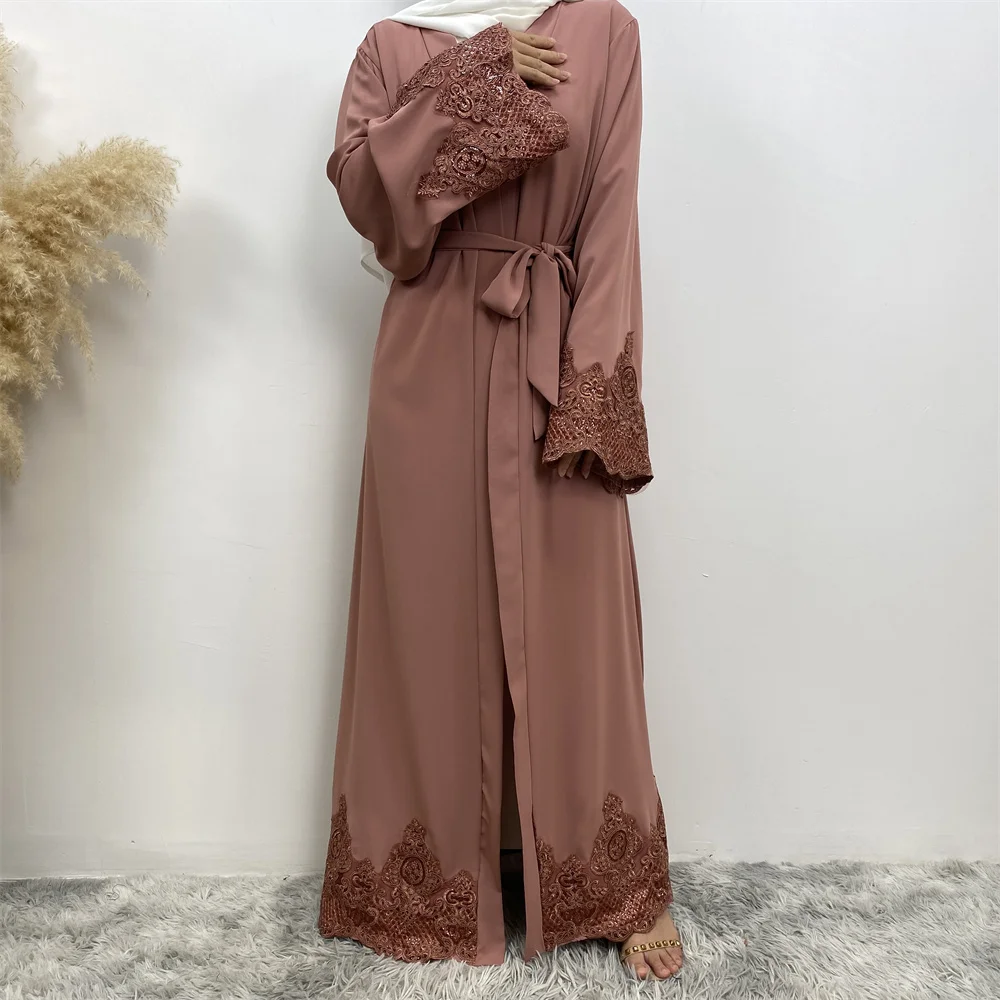 1989#  New fashion lace applique loose cuff open abayas 5 colors - CHAOMENG MUSLIM SHOP