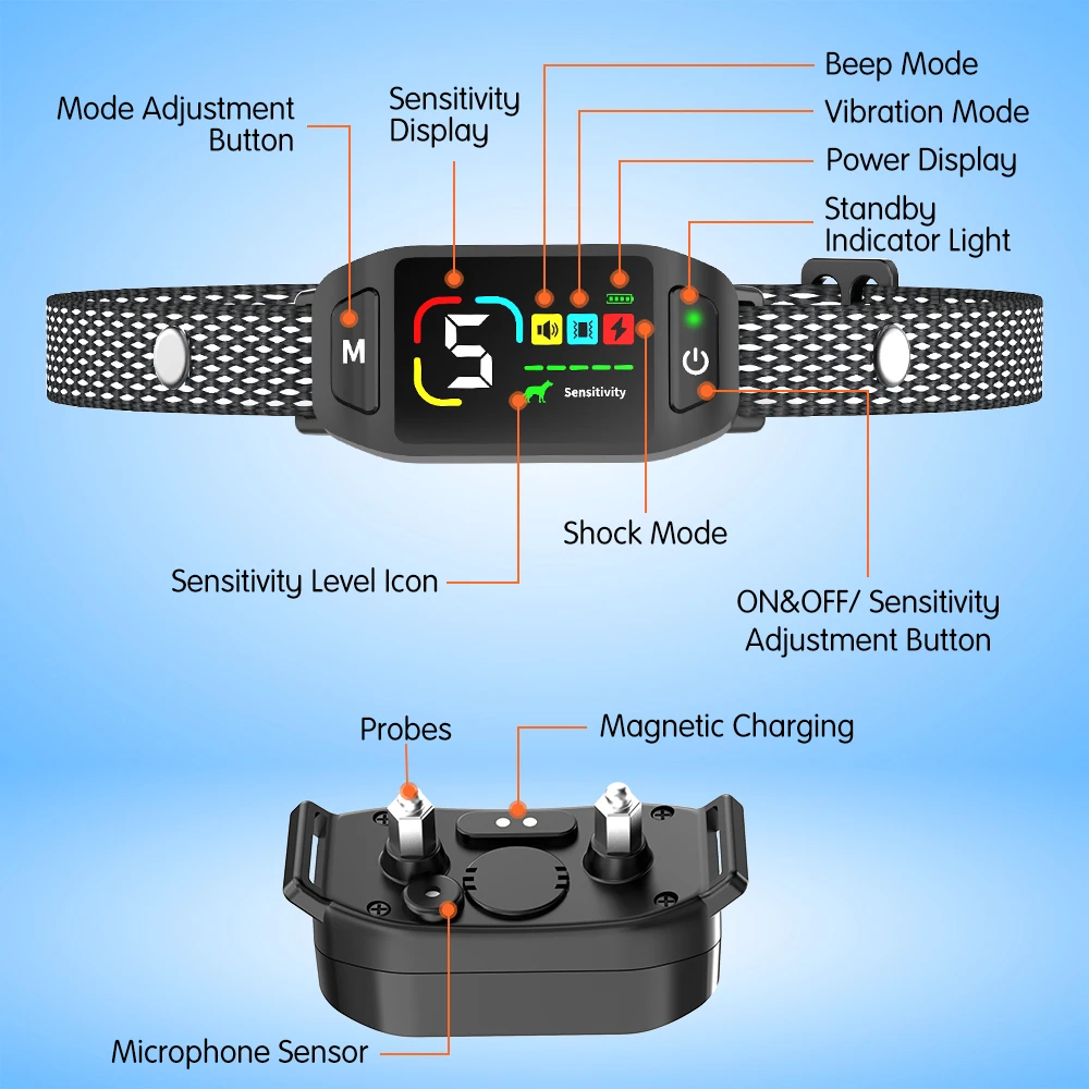 Anti-Bark Device Vibration Shock Stop Barking Training Dog Bark Control Collar With High Sensitivity Sound and Motion Sensor