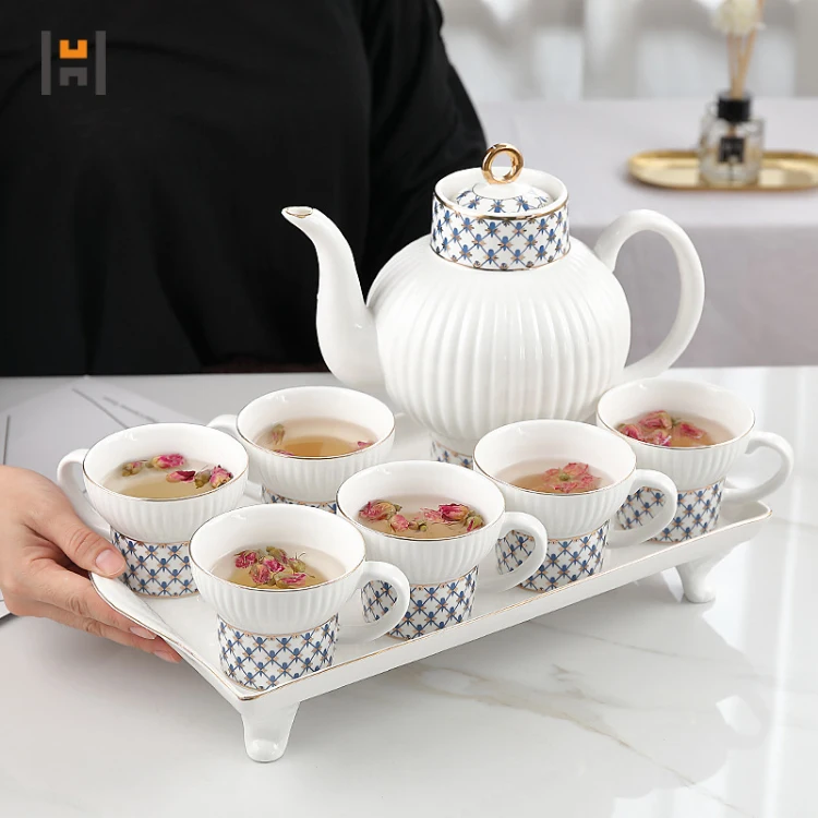 Luxury Ramadan Gift - 8pcs Porcelain Tea Set with Gold Decor
