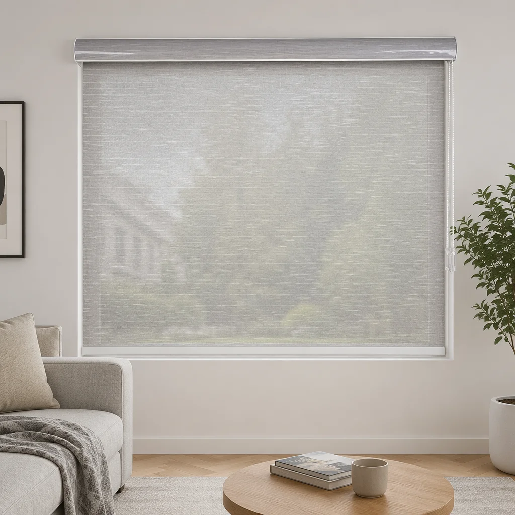 Semi-Sheer Simple Roller Shades Gray Chain System Arc Headrail End Caps Safety Connector Custom Size Living Room Every Day