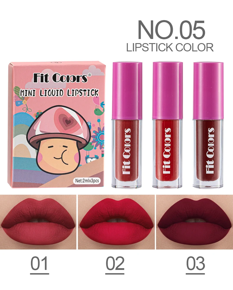 Fit Colors 3Pcs/set Mini Matte Velvet Lip Gloss Waterproof Long-lasting Matte Liquid Lipstick Cosmetic Beauty 24 Hours Makeup