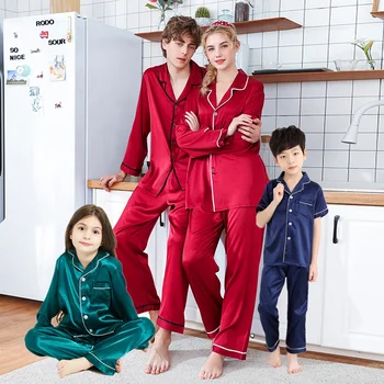 Sleepwear factory couple pyjamas satin silk long sleeve matching family pajamas
