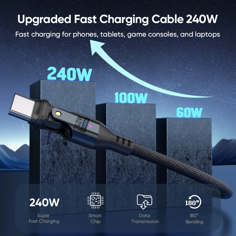 48V/5A Fast Charging Type-C Cable | Pd 240w USB C to Type C Phone Laptop Quick Charger Cable 180 Bending