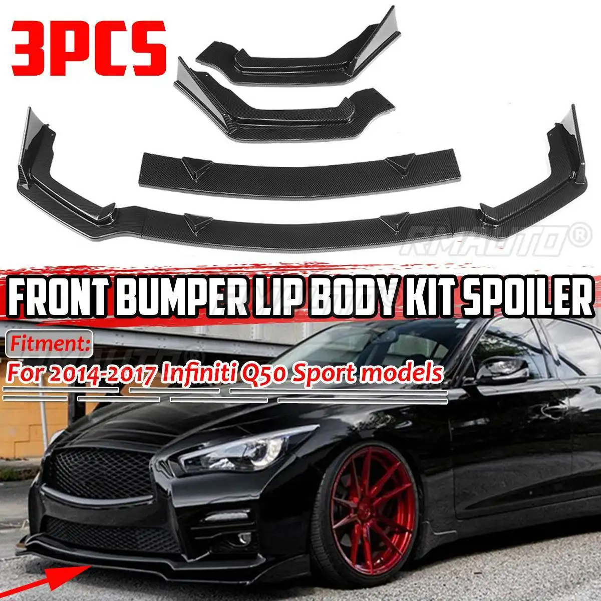 ECCPP 3pcs Front Bumper Lip Splitter fit for Compatible with 2014-2017 Infiniti Q50 Base Premium Glossy Black Trim Protection Splitter Spoiler
