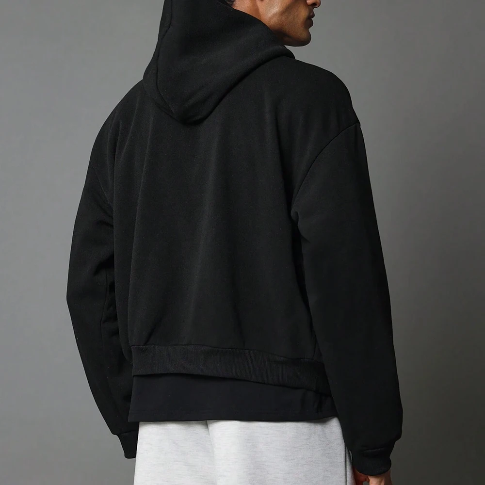 Customized Performance Knitted Fabric Drop Shoulder Pullover Hooded Sweatshirt Men Crop Fit Zip up No String Sport Hoodie Men