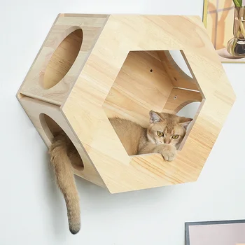 New design wood real Custom rubber wood timber cats wood tree cat hammock wall cat furniture for climbing wall shelves