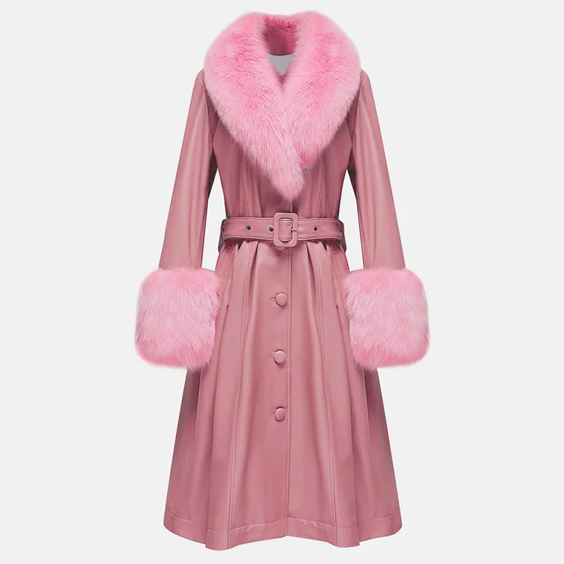 Genuine Big Fur Collar and Cuff Women Leather Long Jacket With Fur