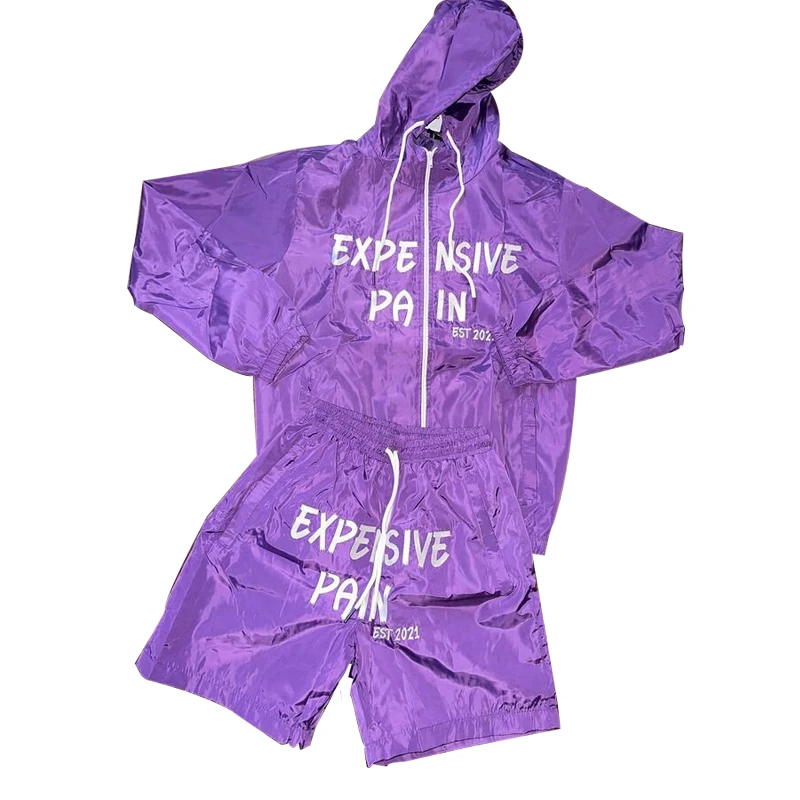 Custom Wholesale Casual 2 Piece Oversized Sweat Suits Sets Printed Zip up Polyester Jogger Mens Windbreaker Tracksuit Shorts Set